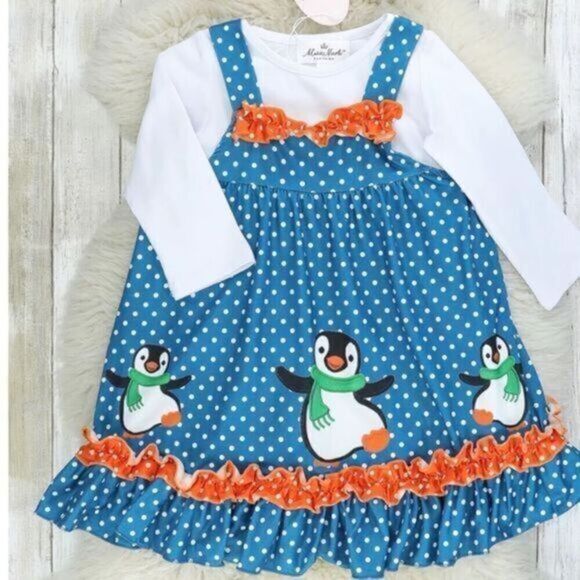 NWT 2 Piece Overall Dress Blue Polka Dots with Penguin Detail - Size 6-12 month - Picture 1 of 9